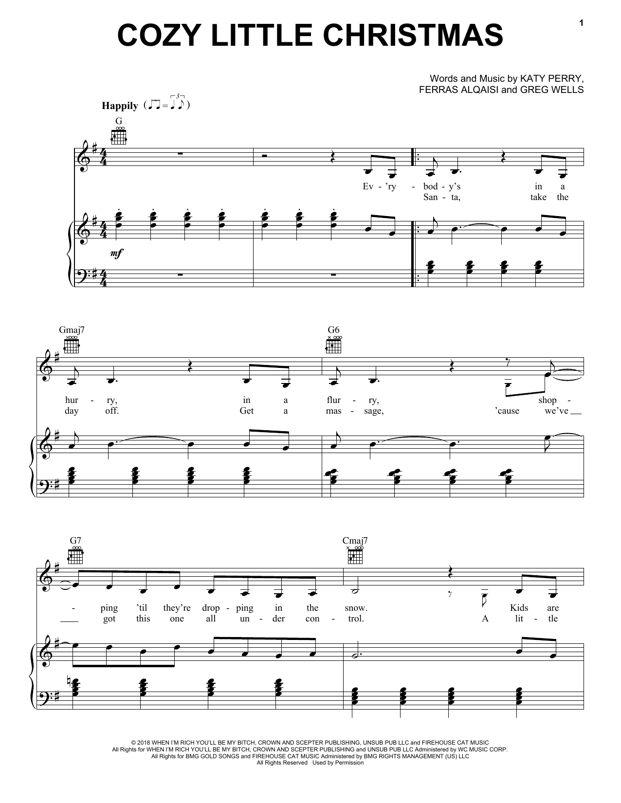 Download Katy Perry Cozy Little Christmas Sheet Music and learn how to play Piano, Vocal & Guitar Chords (Right-Hand Melody) PDF digital score in minutes