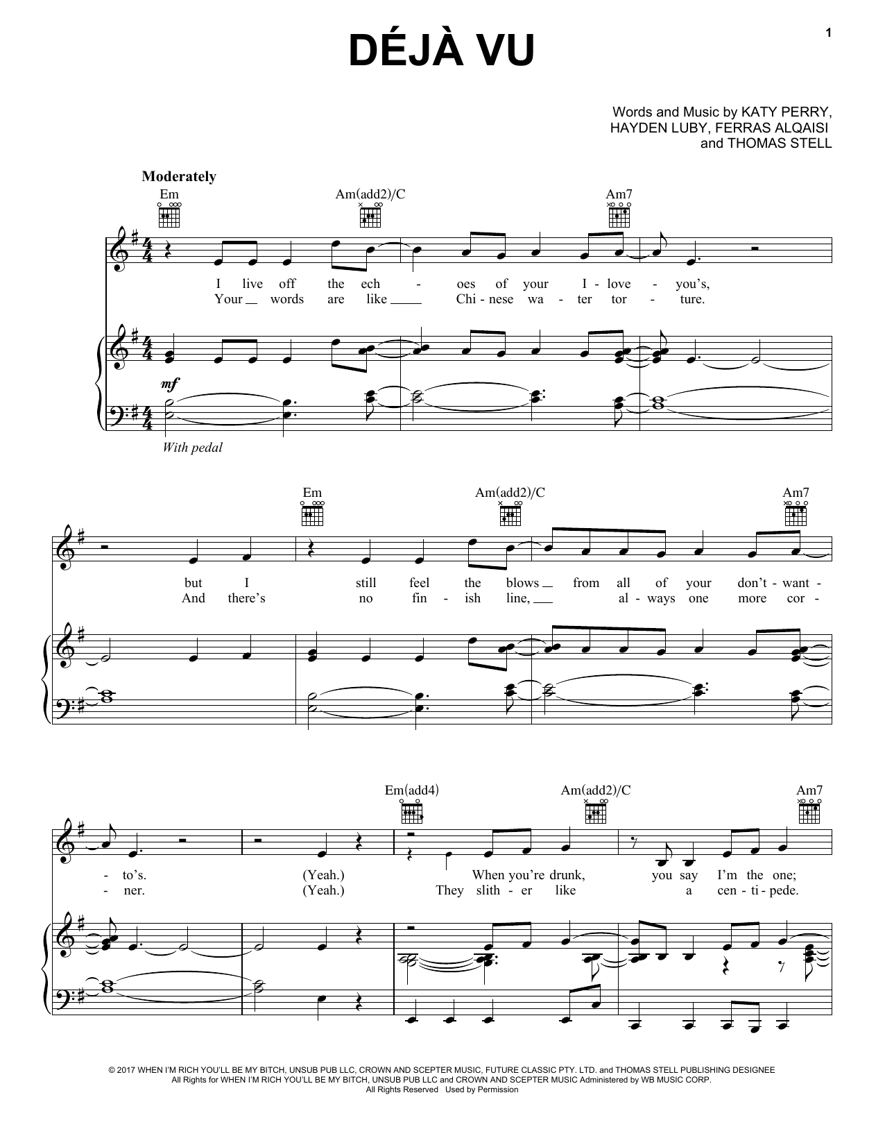 Download Katy Perry Deja Vu Sheet Music and learn how to play Piano, Vocal & Guitar (Right-Hand Melody) PDF digital score in minutes