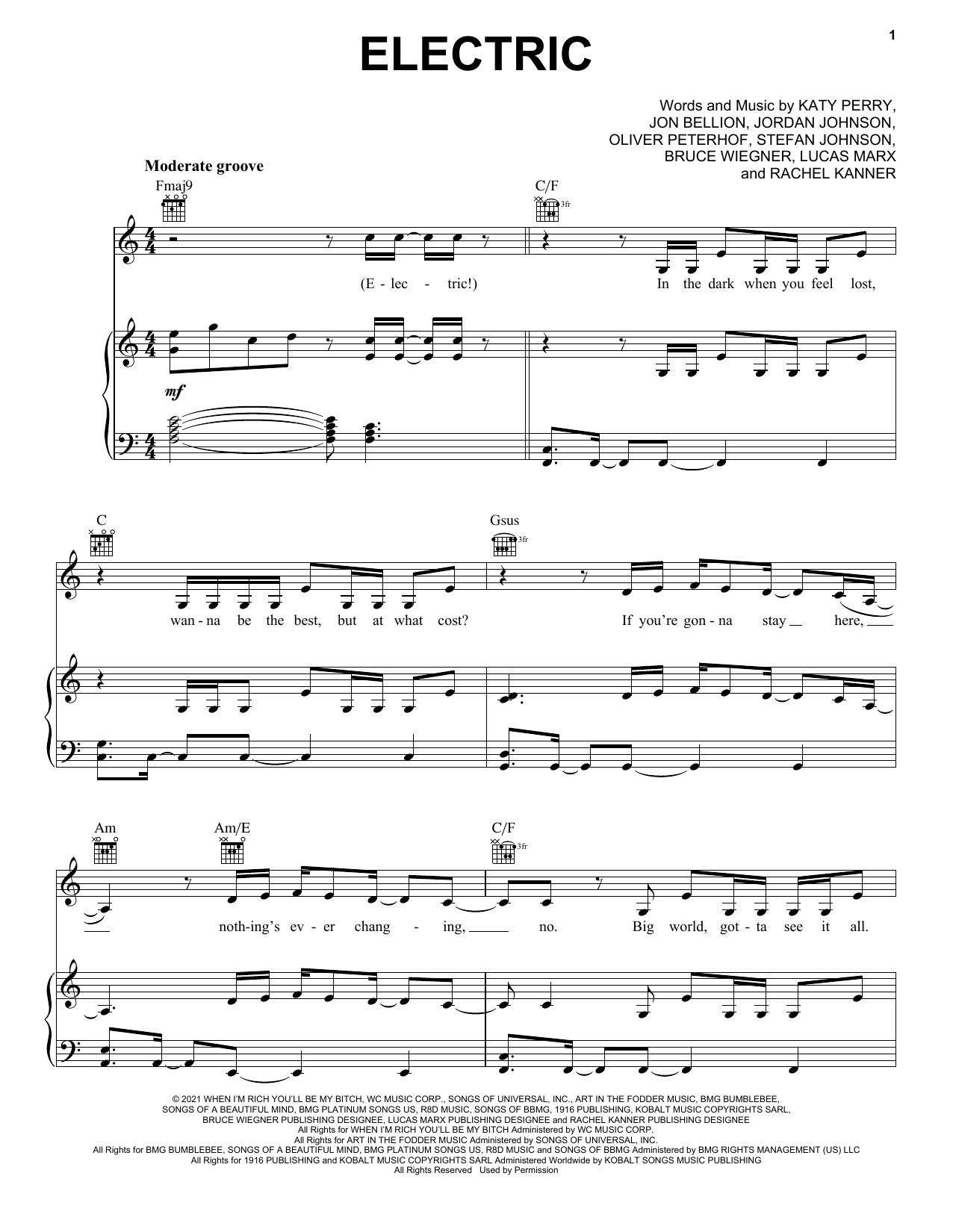 Download Katy Perry Electric Sheet Music and learn how to play Piano, Vocal & Guitar Chords (Right-Hand Melody) PDF digital score in minutes