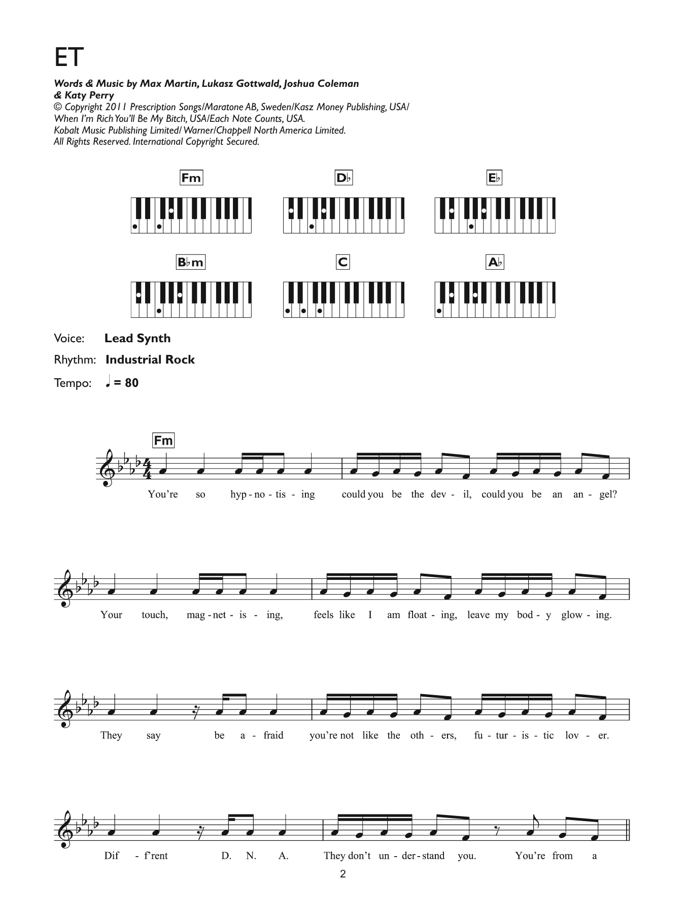 Download Katy Perry E.T. (featuring Kanye West) Sheet Music and learn how to play Piano Chords/Lyrics PDF digital score in minutes