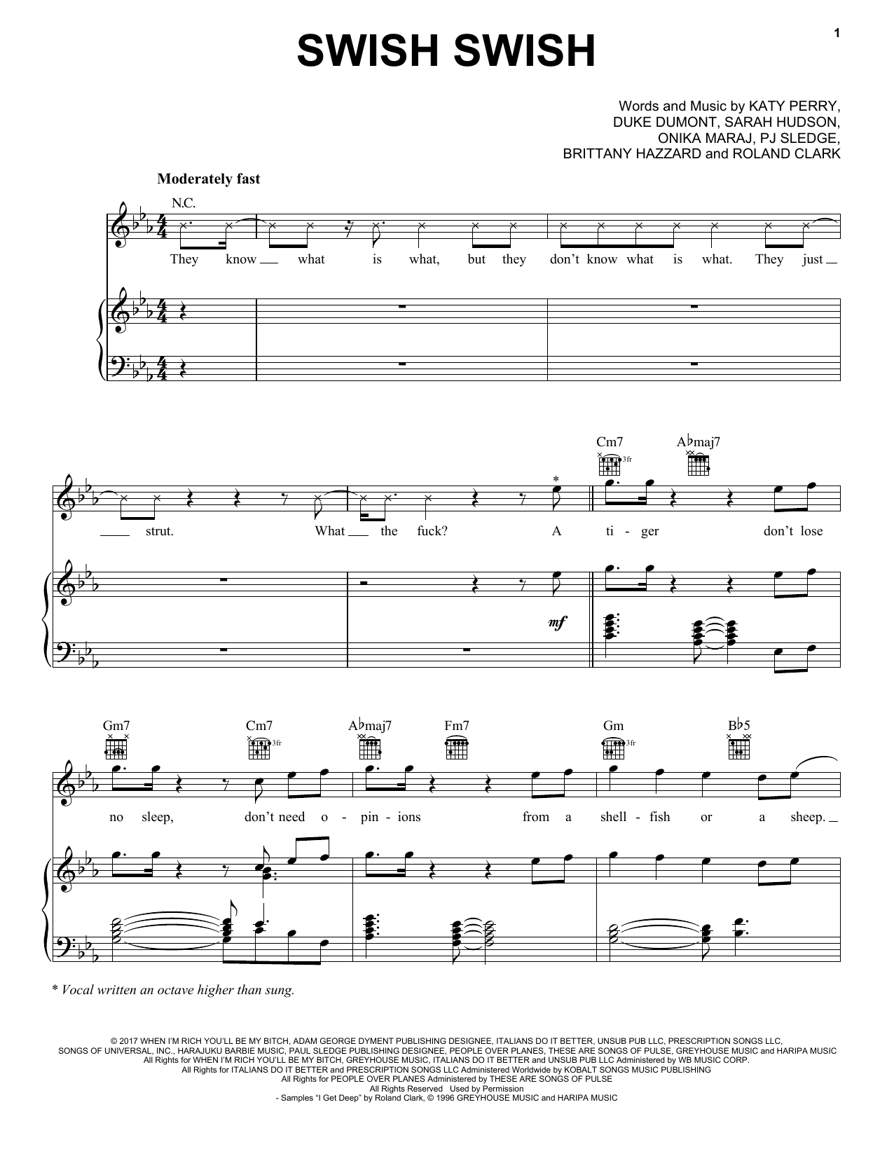 Download Katy Perry ft. Nicki Minaj Swish Swish Sheet Music and learn how to play Piano, Vocal & Guitar (Right-Hand Melody) PDF digital score in minutes