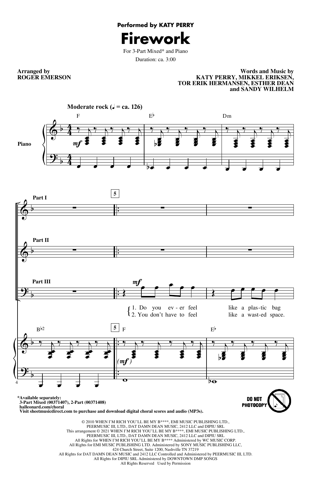 Download Katy Perry Firework (arr. Roger Emerson) Sheet Music and learn how to play 2-Part Choir PDF digital score in minutes