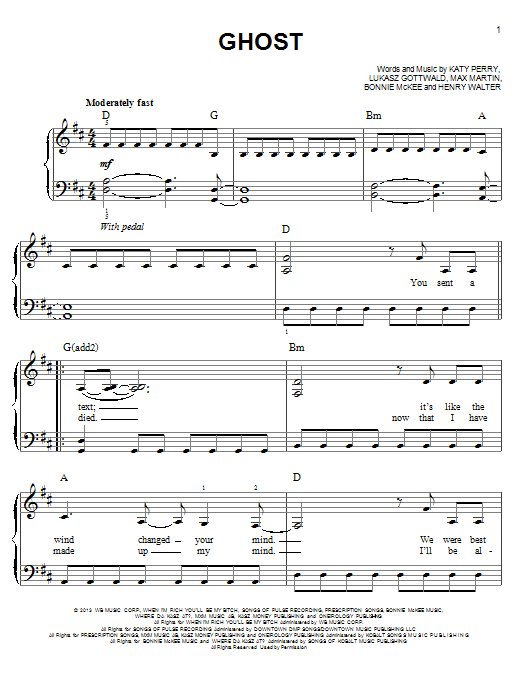Download Katy Perry Ghost Sheet Music and learn how to play Piano, Vocal & Guitar (Right-Hand Melody) PDF digital score in minutes