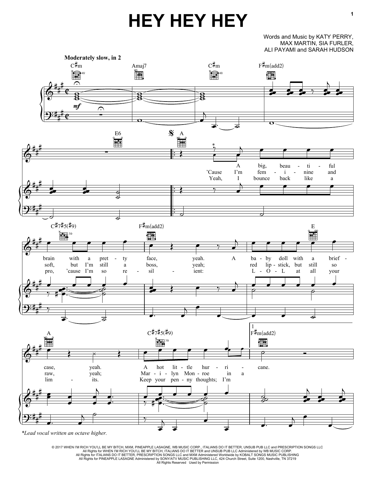Download Katy Perry Hey Hey Hey Sheet Music and learn how to play Piano, Vocal & Guitar (Right-Hand Melody) PDF digital score in minutes