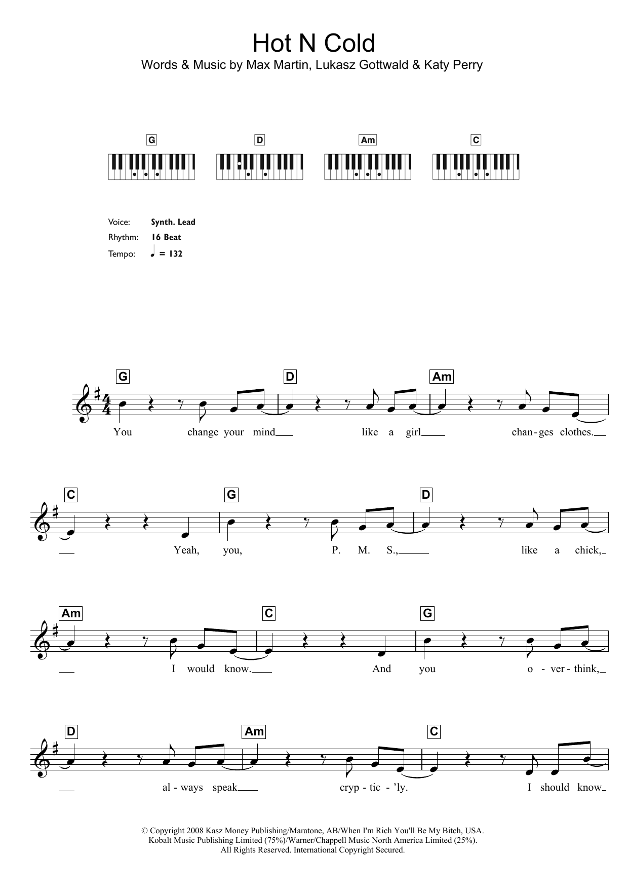 Download Katy Perry Hot N Cold Sheet Music and learn how to play Piano Chords/Lyrics PDF digital score in minutes