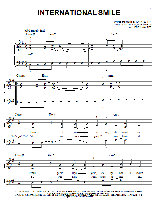 Download Katy Perry International Smile Sheet Music and learn how to play Piano, Vocal & Guitar (Right-Hand Melody) PDF digital score in minutes