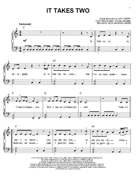 Download Katy Perry It Takes Two Sheet Music and learn how to play Piano, Vocal & Guitar (Right-Hand Melody) PDF digital score in minutes