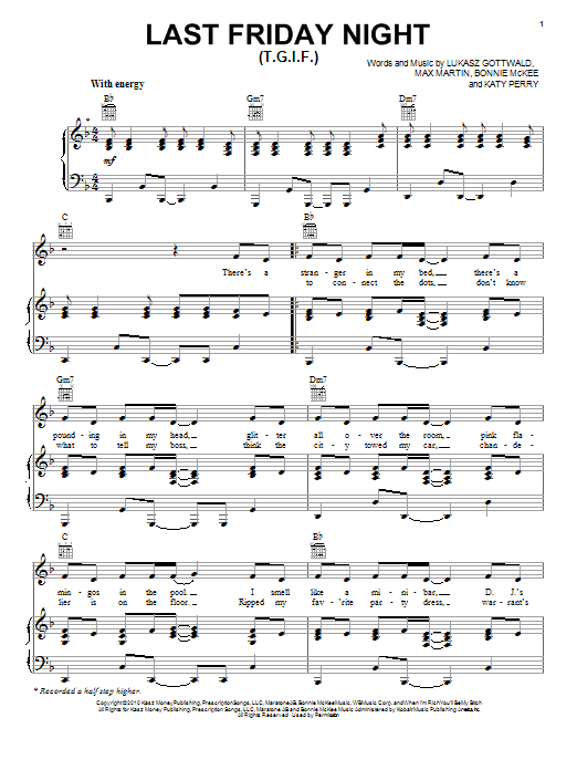 Download Katy Perry Last Friday Night (T.G.I.F.) Sheet Music and learn how to play Piano, Vocal & Guitar (Right-Hand Melody) PDF digital score in minutes