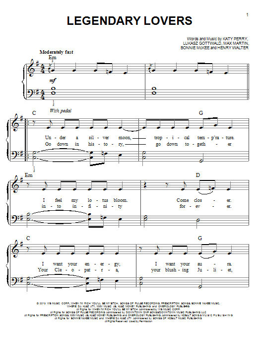 Download Katy Perry Legendary Lovers Sheet Music and learn how to play Easy Piano PDF digital score in minutes