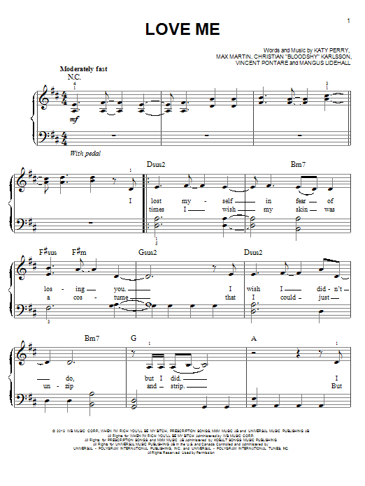 Download Katy Perry Love Me Sheet Music and learn how to play Piano, Vocal & Guitar (Right-Hand Melody) PDF digital score in minutes