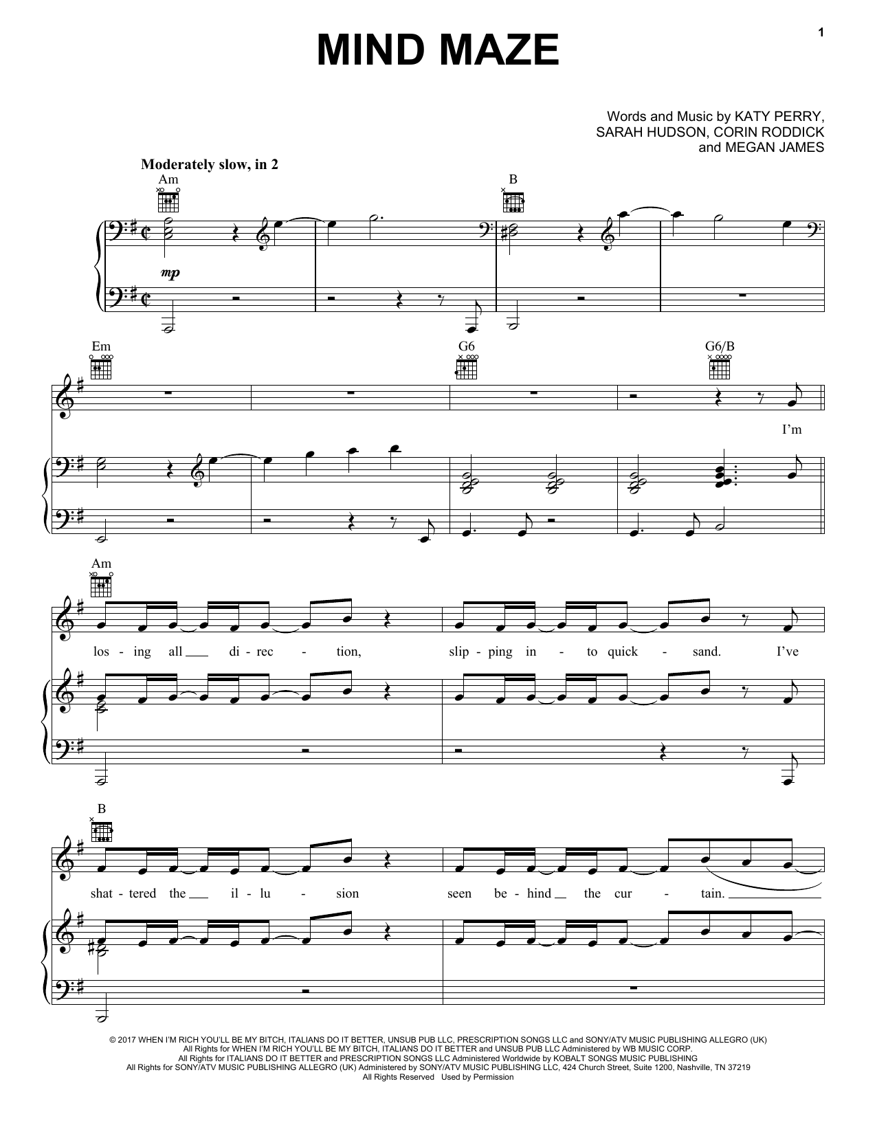 Download Katy Perry Mind Maze Sheet Music and learn how to play Piano, Vocal & Guitar (Right-Hand Melody) PDF digital score in minutes