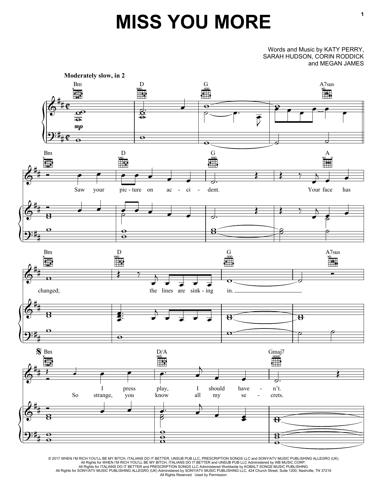 Download Katy Perry Miss You More Sheet Music and learn how to play Piano, Vocal & Guitar (Right-Hand Melody) PDF digital score in minutes