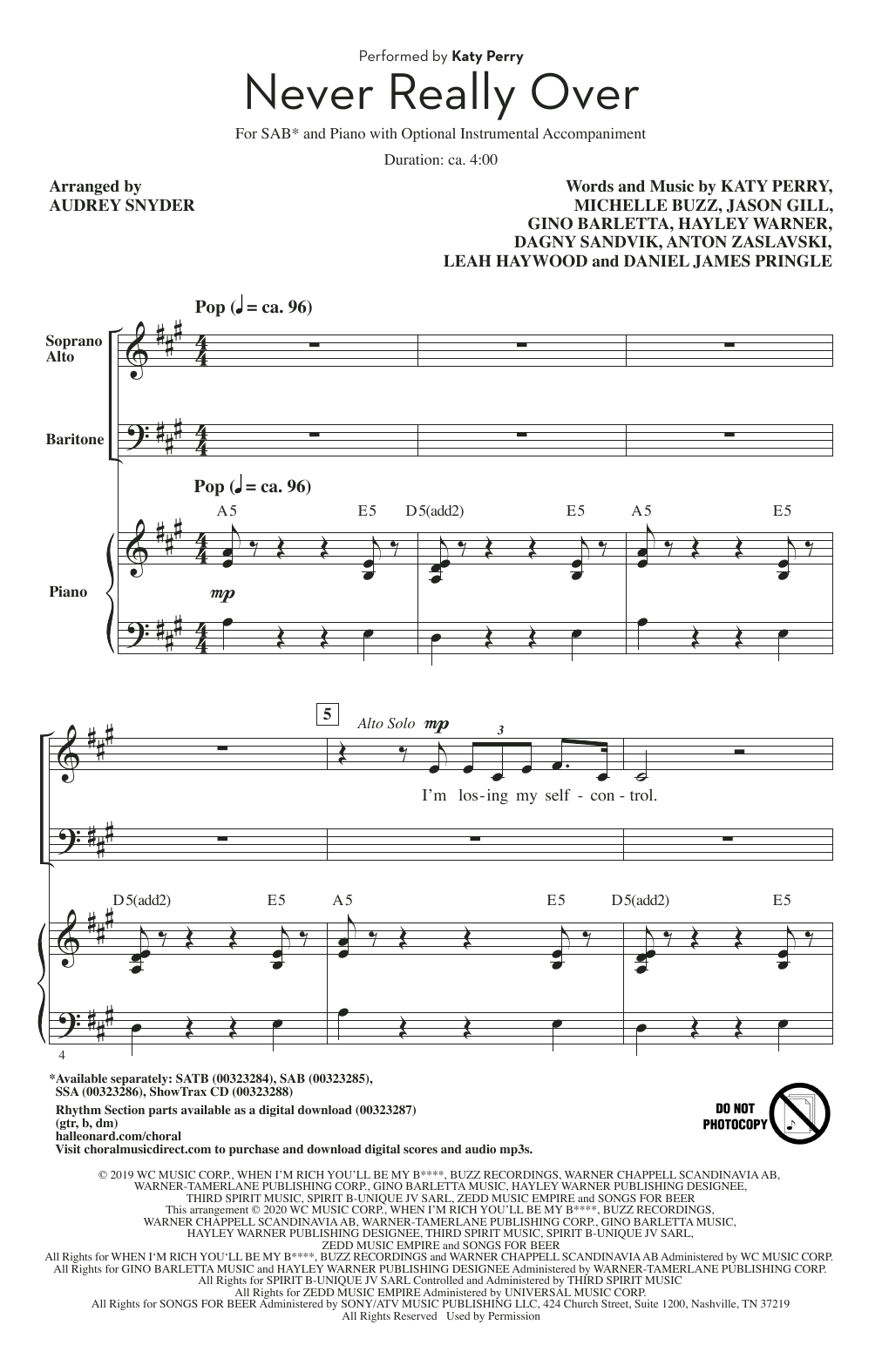 Download Katy Perry Never Really Over (arr. Audrey Snyder) Sheet Music and learn how to play SATB Choir PDF digital score in minutes