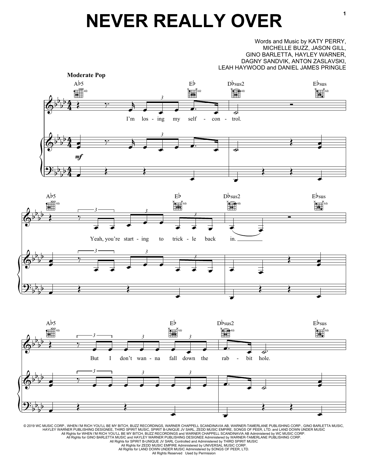 Download Katy Perry Never Really Over Sheet Music and learn how to play Big Note Piano PDF digital score in minutes