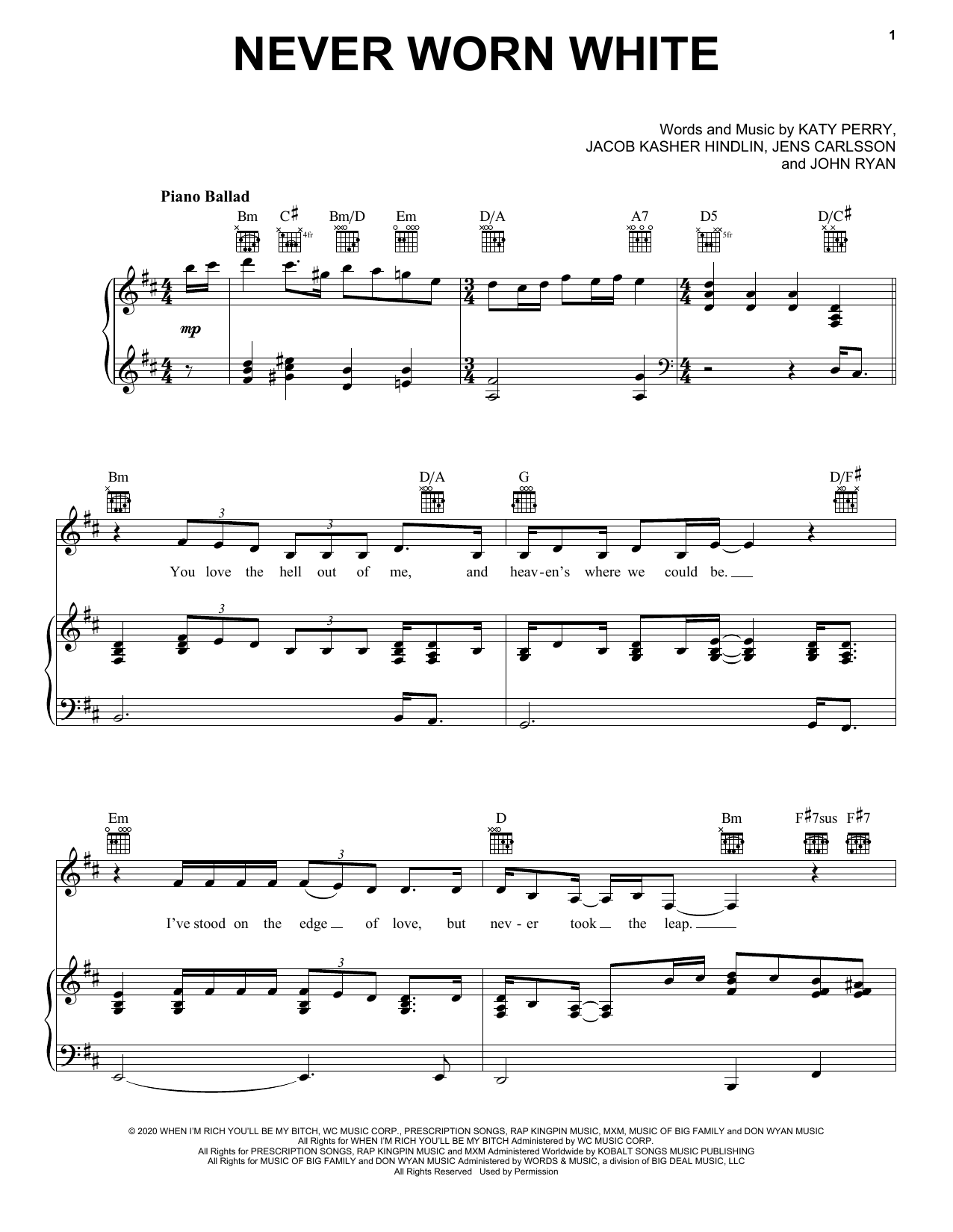 Download Katy Perry Never Worn White Sheet Music and learn how to play Lead Sheet / Fake Book PDF digital score in minutes