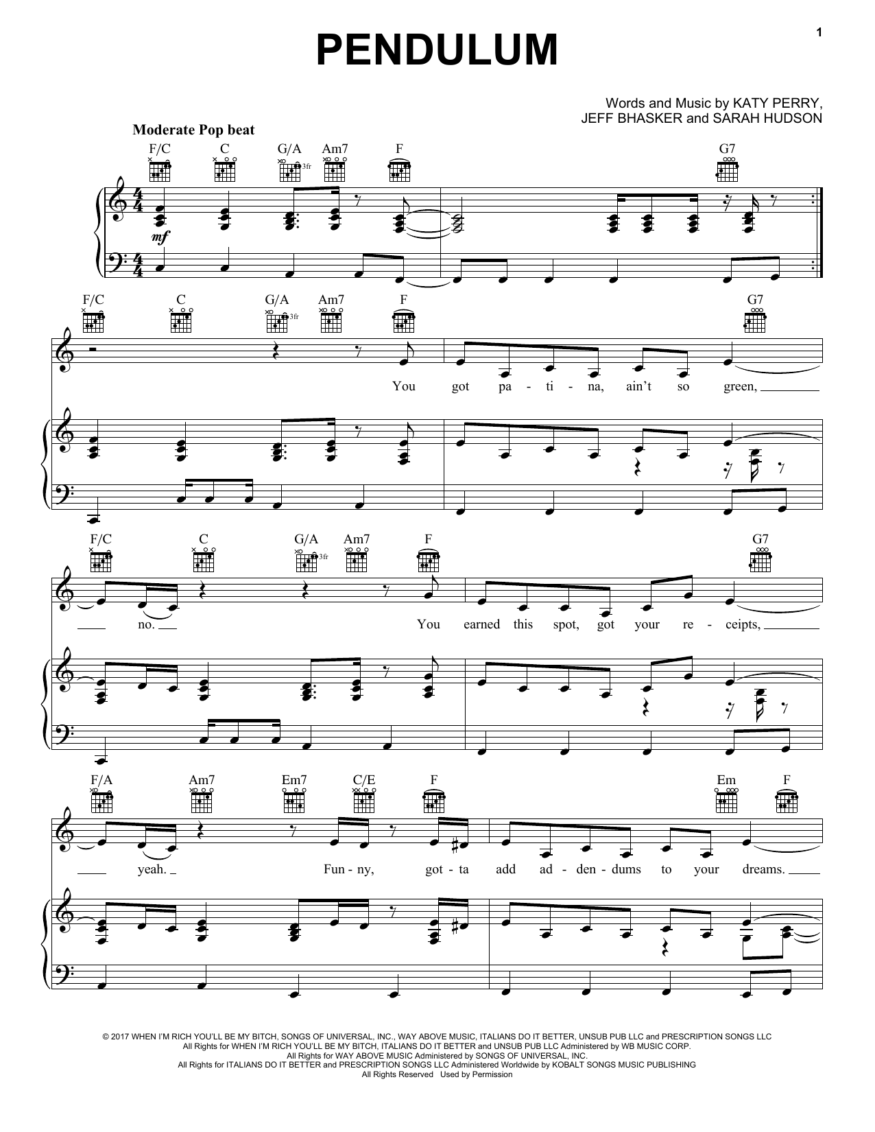 Download Katy Perry Pendulum Sheet Music and learn how to play Piano, Vocal & Guitar (Right-Hand Melody) PDF digital score in minutes