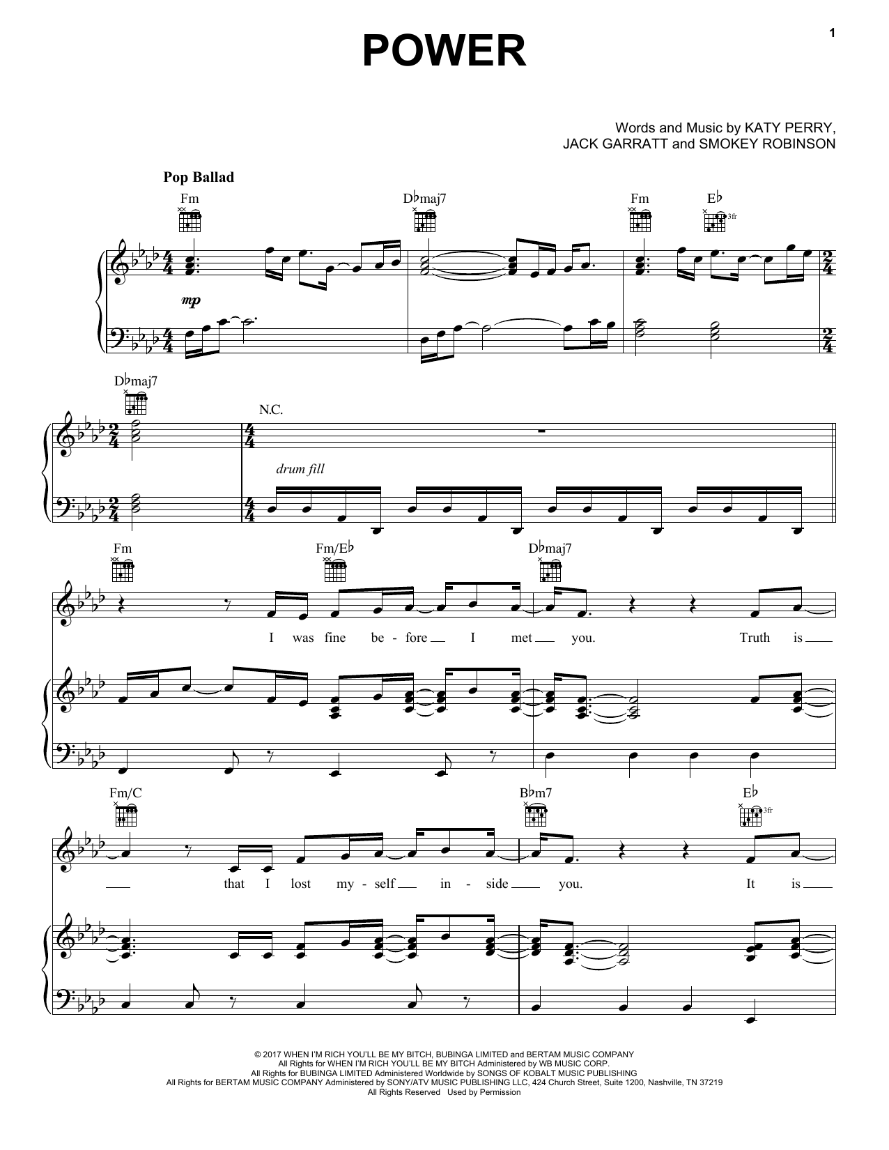 Download Katy Perry Power Sheet Music and learn how to play Piano, Vocal & Guitar (Right-Hand Melody) PDF digital score in minutes