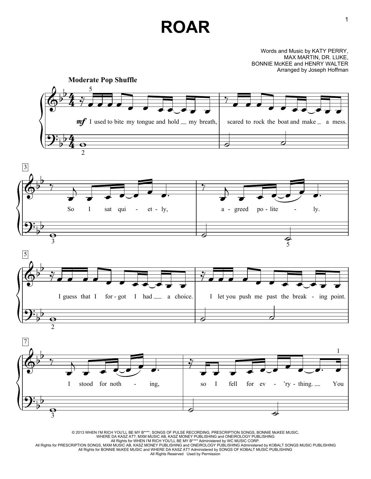 Download Katy Perry Roar (arr. Joseph Hoffman) Sheet Music and learn how to play Easy Piano PDF digital score in minutes