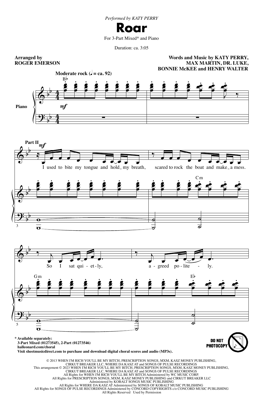 Download Katy Perry Roar (arr. Roger Emerson) Sheet Music and learn how to play 3-Part Mixed Choir PDF digital score in minutes