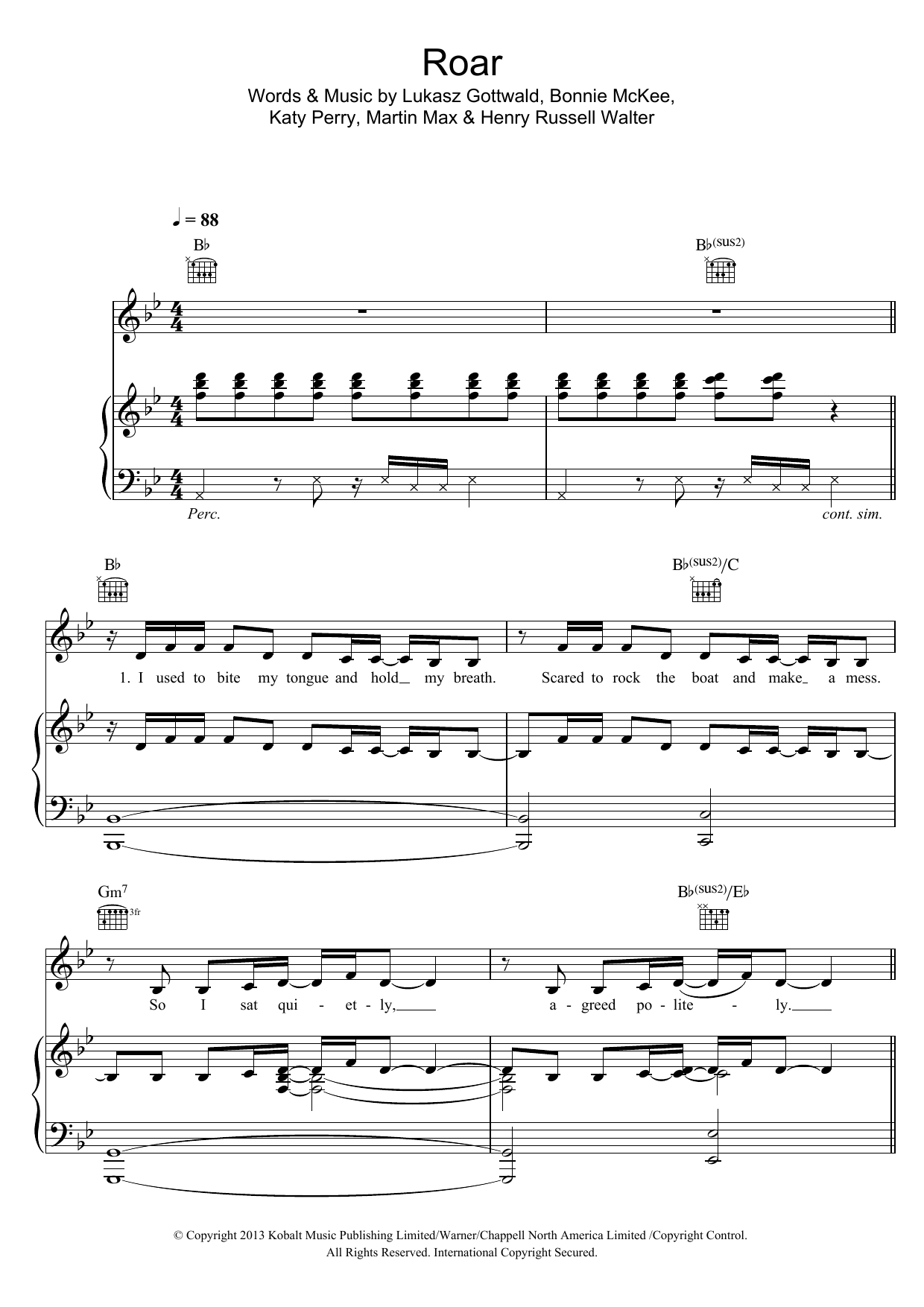 Download Katy Perry Roar Sheet Music and learn how to play Piano, Vocal & Guitar (Right-Hand Melody) PDF digital score in minutes