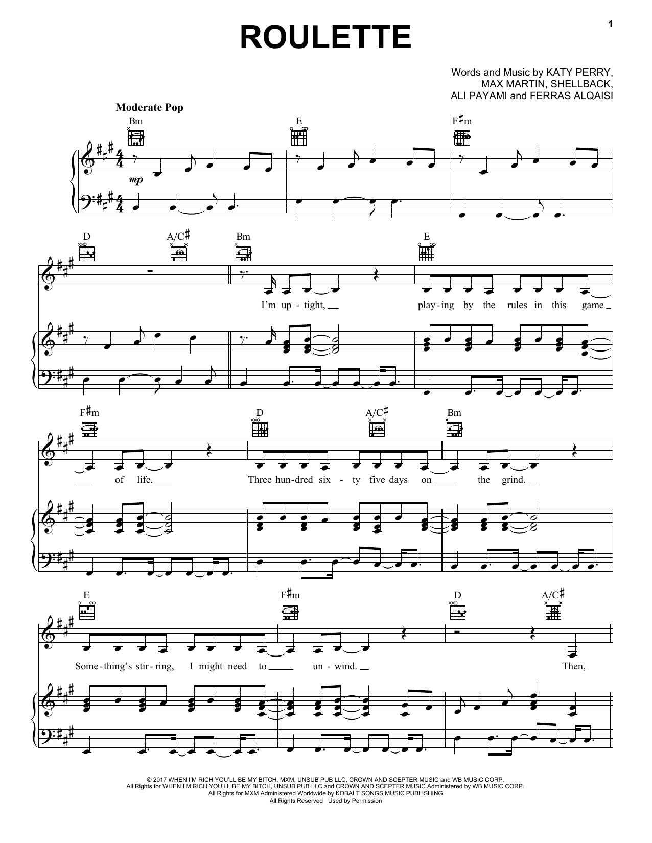 Download Katy Perry Roulette Sheet Music and learn how to play Piano, Vocal & Guitar (Right-Hand Melody) PDF digital score in minutes