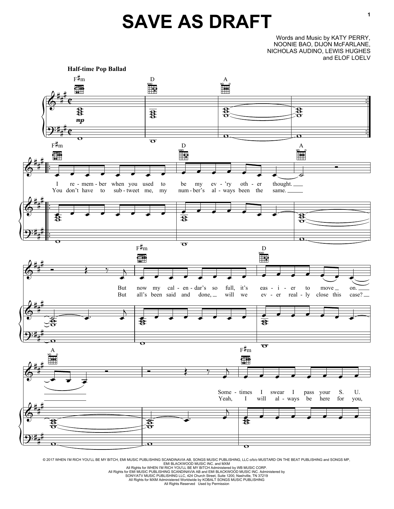 Download Katy Perry Save As Draft Sheet Music and learn how to play Piano, Vocal & Guitar (Right-Hand Melody) PDF digital score in minutes