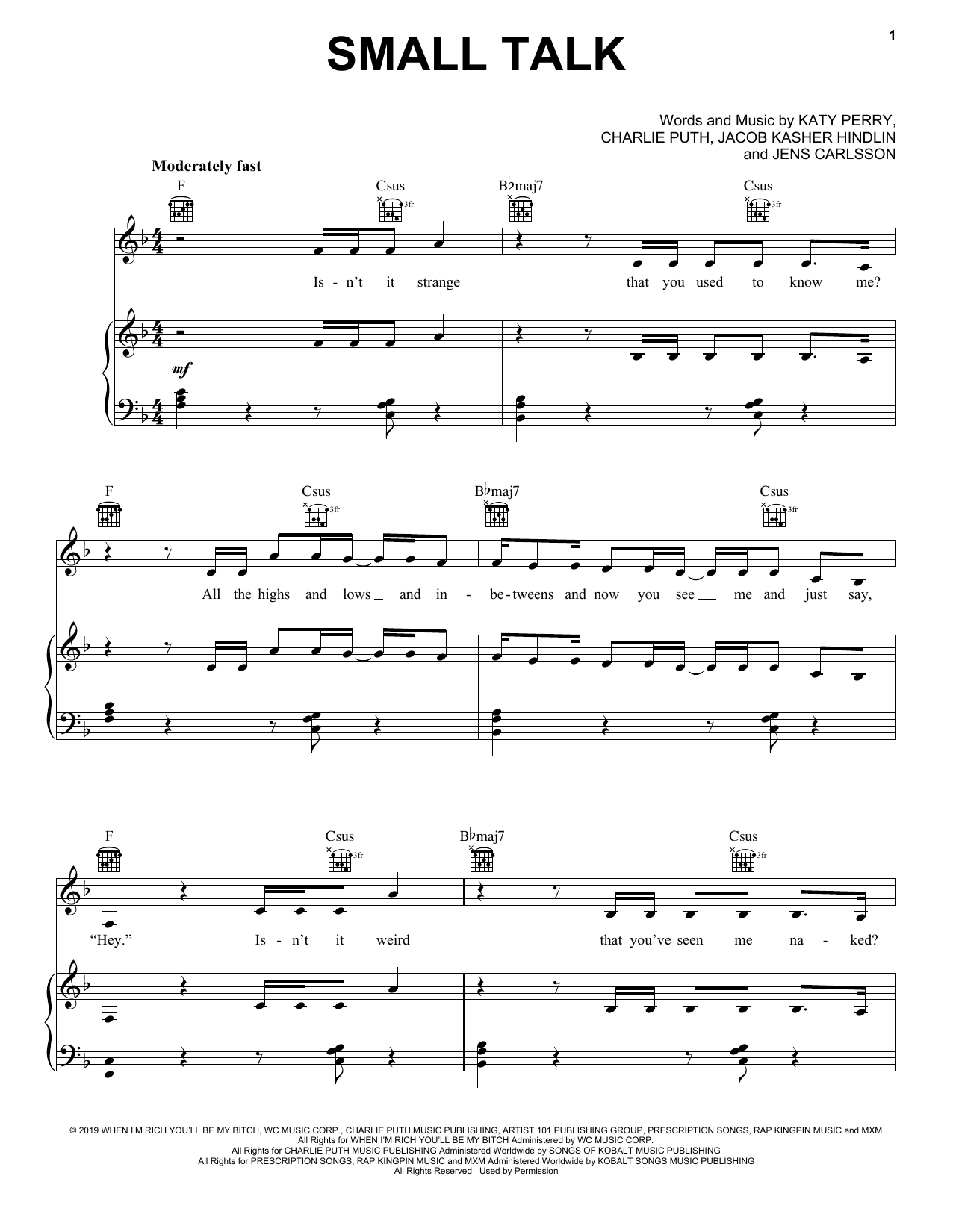 Download Katy Perry Small Talk Sheet Music and learn how to play Piano, Vocal & Guitar Chords (Right-Hand Melody) PDF digital score in minutes