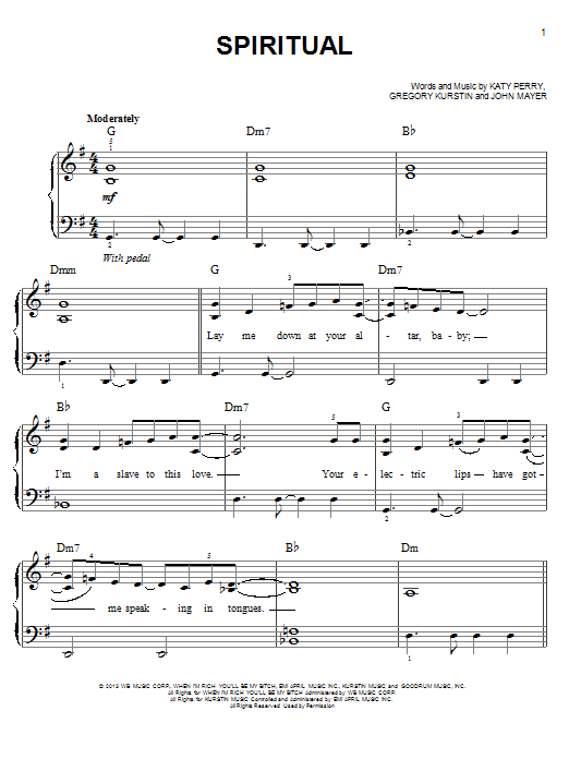 Download Katy Perry Spiritual Sheet Music and learn how to play Piano, Vocal & Guitar (Right-Hand Melody) PDF digital score in minutes