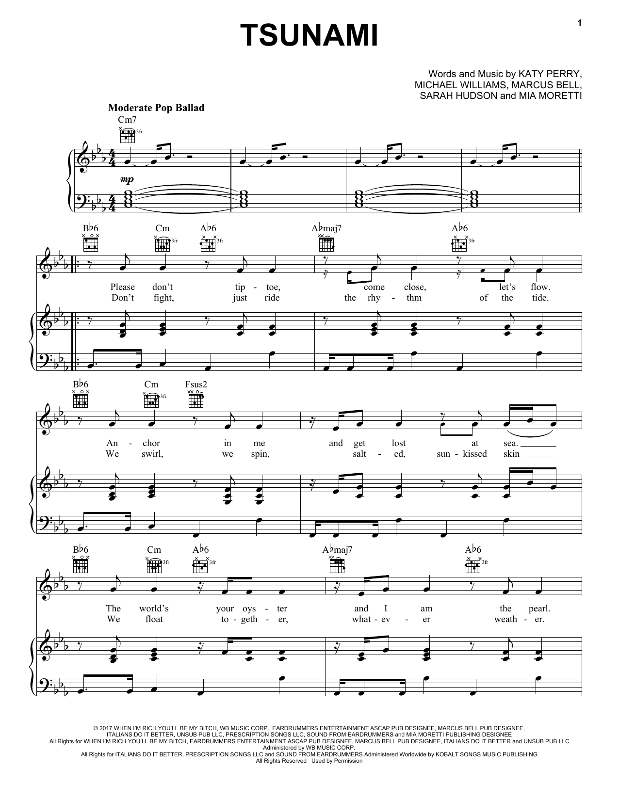 Download Katy Perry Tsunami Sheet Music and learn how to play Piano, Vocal & Guitar (Right-Hand Melody) PDF digital score in minutes