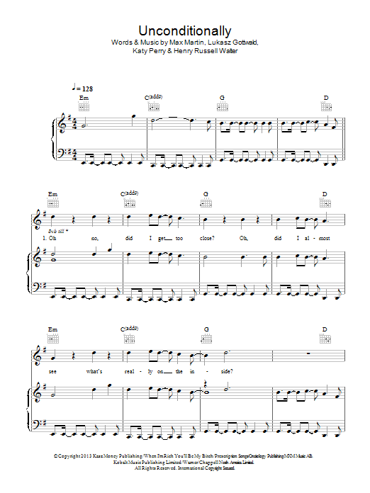 Download Katy Perry Unconditionally Sheet Music and learn how to play Piano, Vocal & Guitar (Right-Hand Melody) PDF digital score in minutes