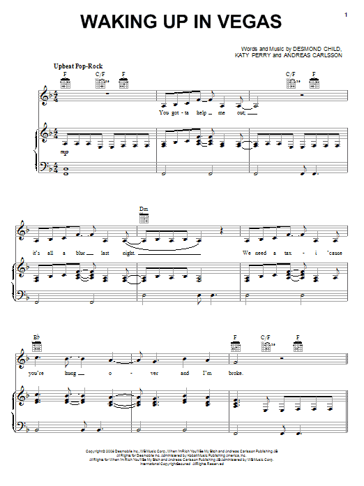 Download Katy Perry Waking Up In Vegas Sheet Music and learn how to play Piano, Vocal & Guitar (Right-Hand Melody) PDF digital score in minutes