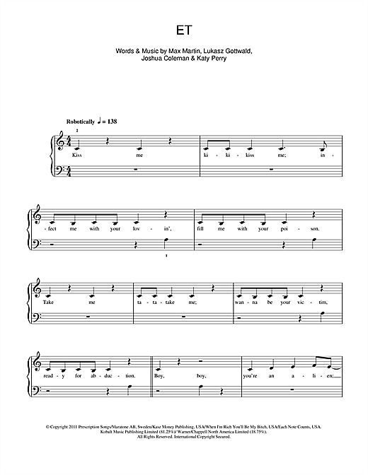 Download Katy Perry E.T. (feat. Kanye West) Sheet Music and learn how to play 5-Finger Piano PDF digital score in minutes