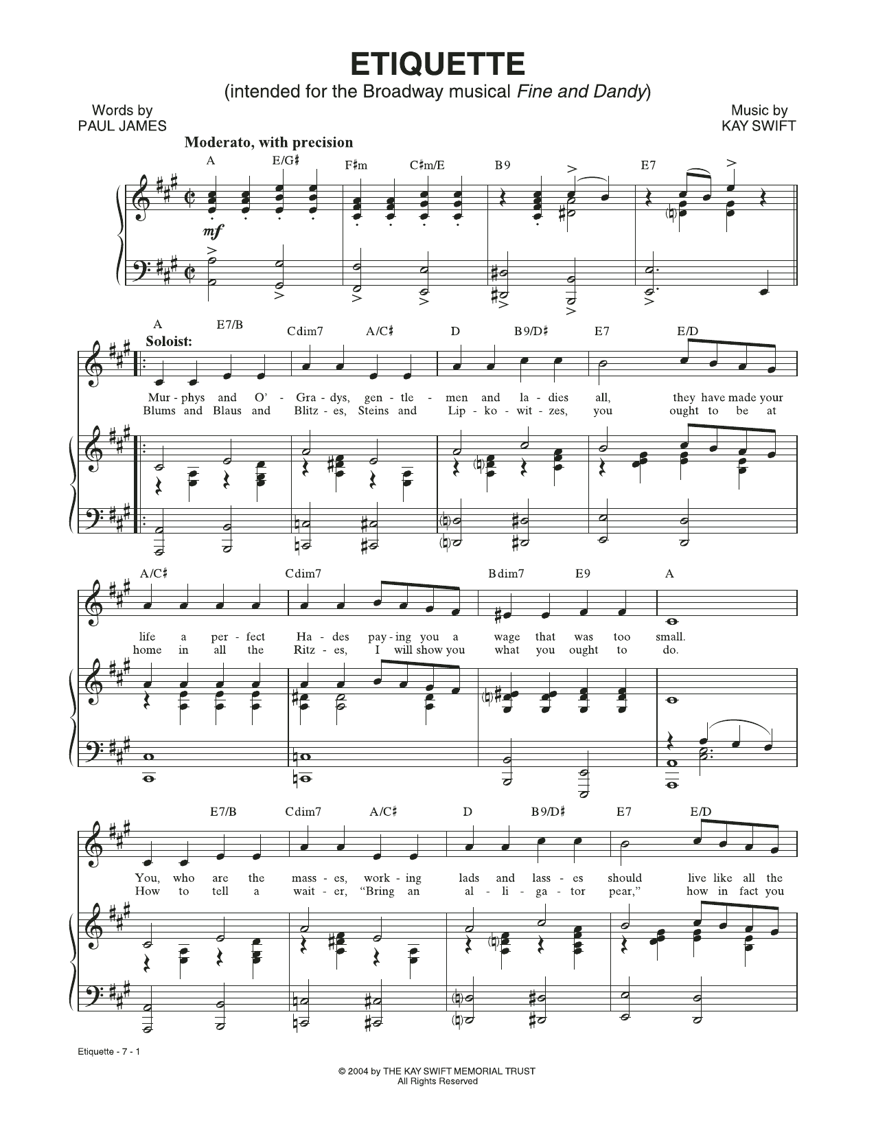 Download Kay Swift & Paul James Etiquette (from the musical Fine and Dandy) Sheet Music and learn how to play Piano & Vocal PDF digital score in minutes