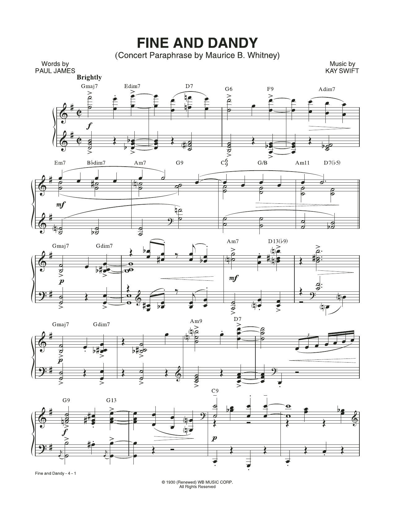 Download Kay Swift & Paul James Fine And Dandy (Concert Paraphrase by Maurice B. Whitney) (from the musical Fine Sheet Music and learn how to play Piano & Vocal PDF digital score in minutes