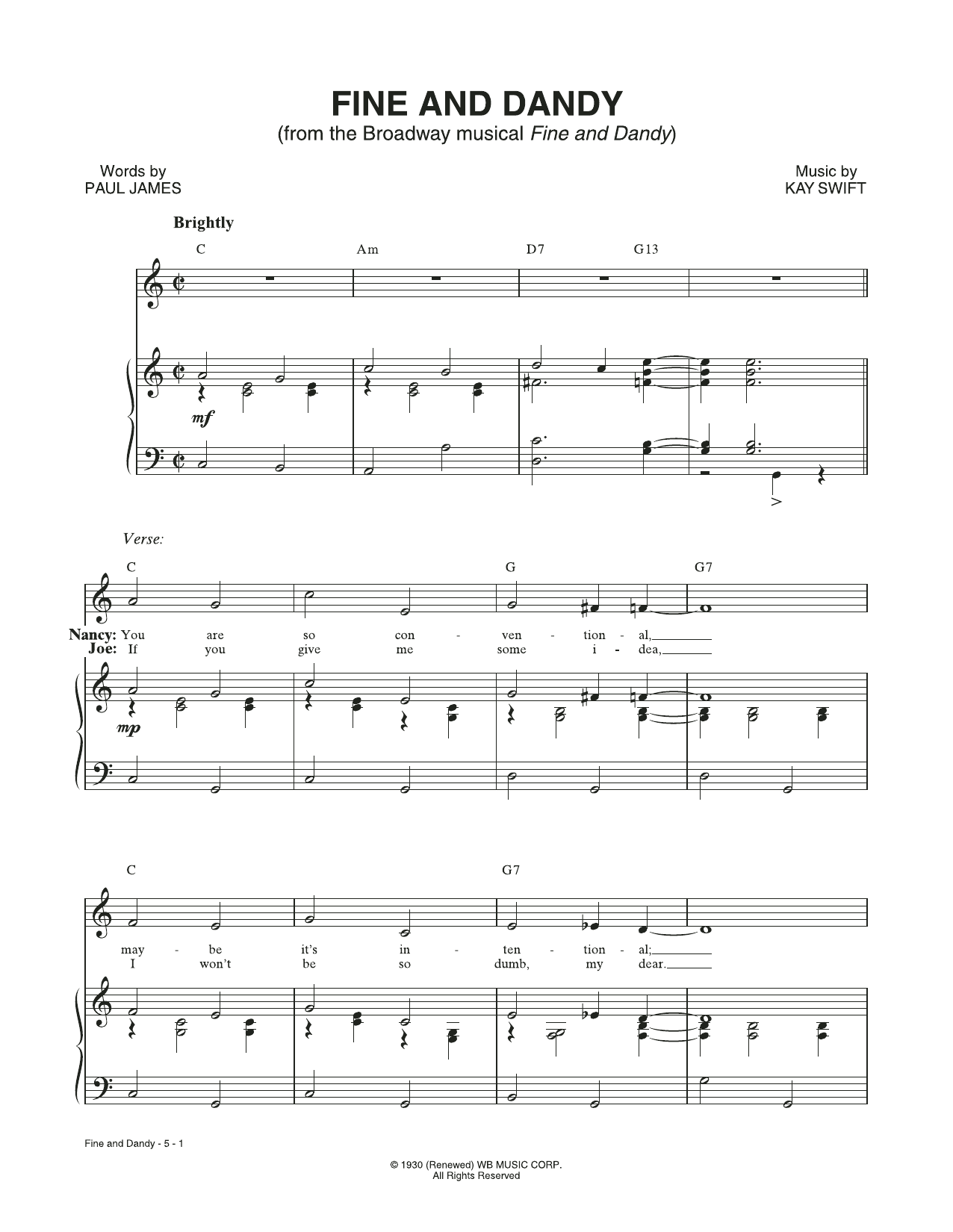 Download Kay Swift & Paul James Fine And Dandy (from the musical Fine and Dandy) Sheet Music and learn how to play Piano & Vocal PDF digital score in minutes