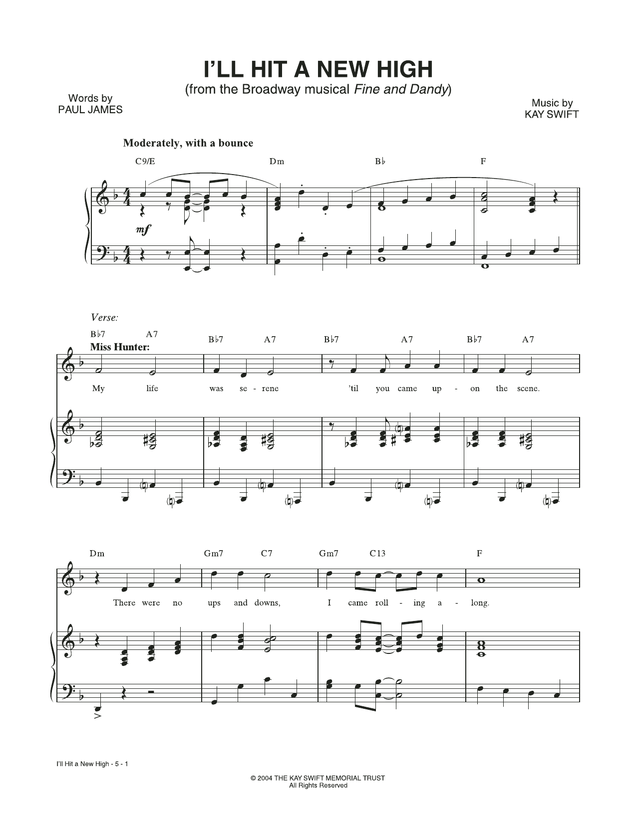 Download Kay Swift & Paul James I'll Hit A New High (from the musical Fine and Dandy) Sheet Music and learn how to play Piano & Vocal PDF digital score in minutes