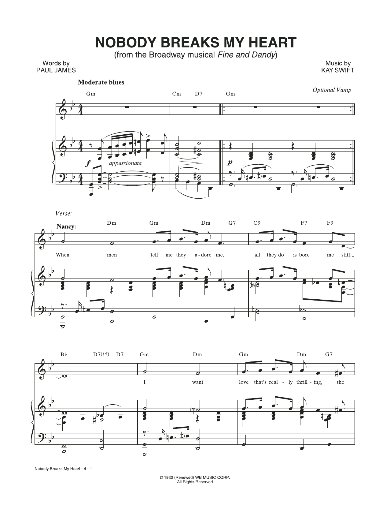 Download Kay Swift & Paul James Nobody Breaks My Heart (from the musical Fine and Dandy) Sheet Music and learn how to play Piano & Vocal PDF digital score in minutes