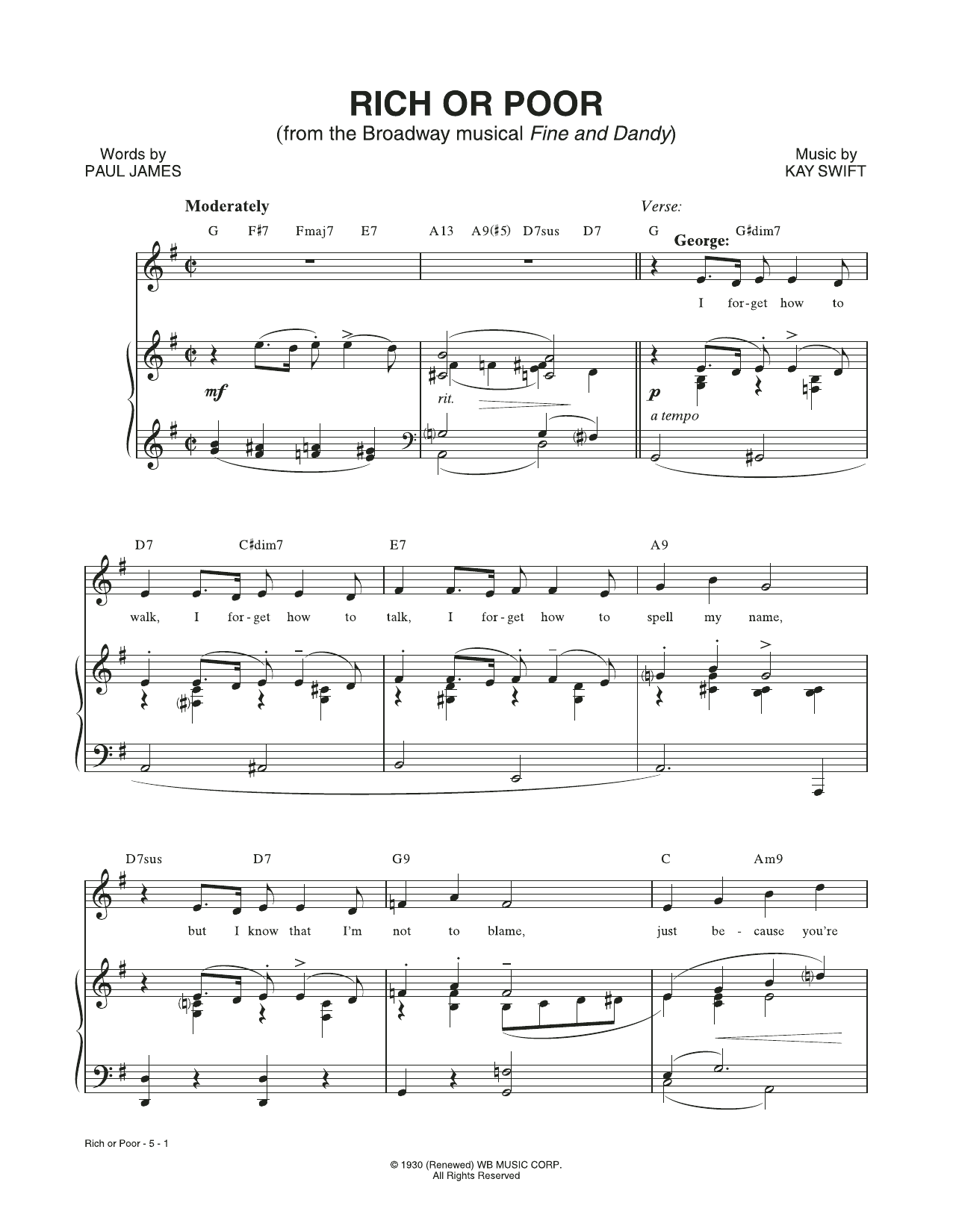 Download Kay Swift & Paul James Rich Or Poor (from the musical Fine and Dandy) Sheet Music and learn how to play Piano & Vocal PDF digital score in minutes