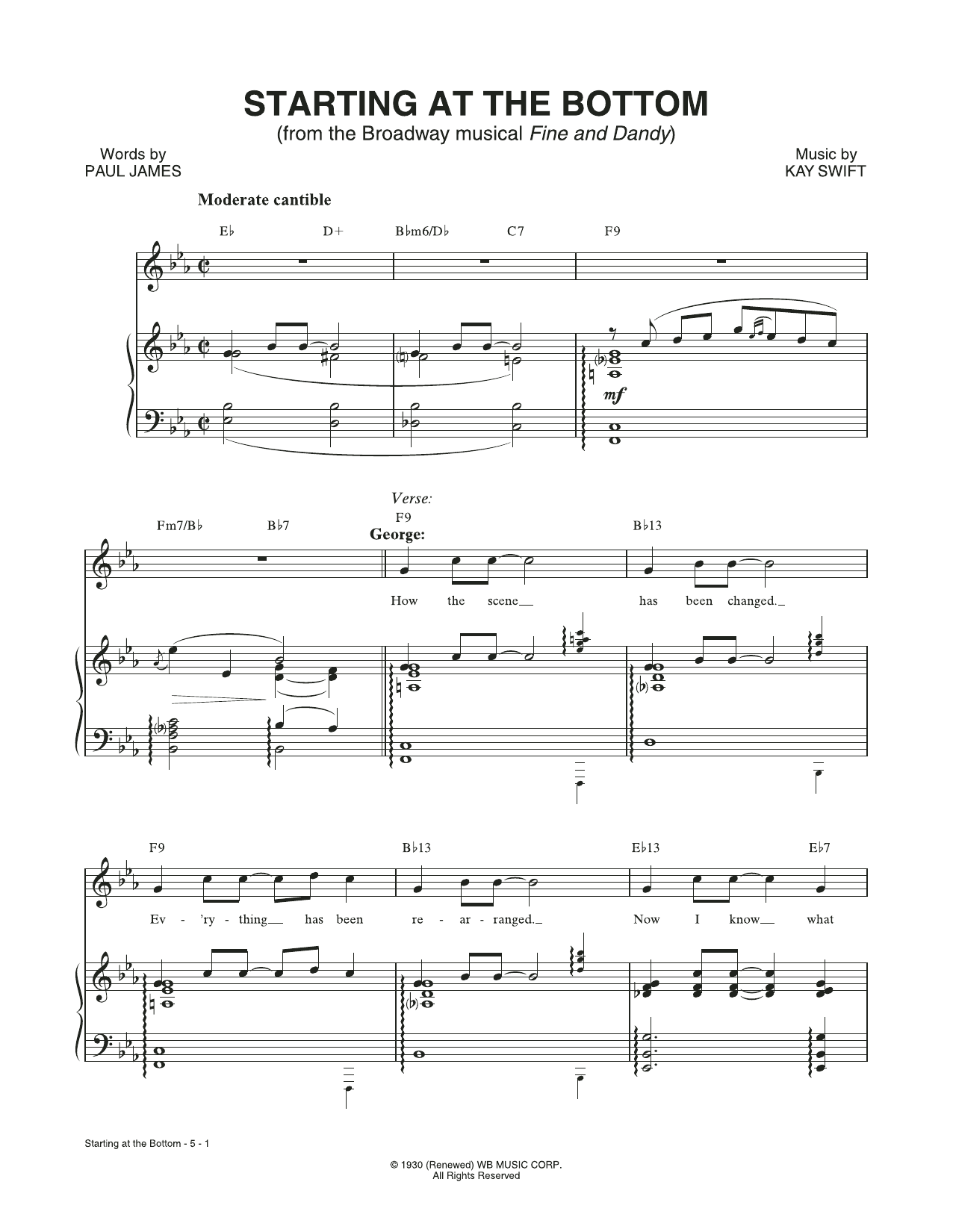 Download Kay Swift & Paul James Starting At The Bottom (from the musical Fine and Dandy) Sheet Music and learn how to play Piano & Vocal PDF digital score in minutes