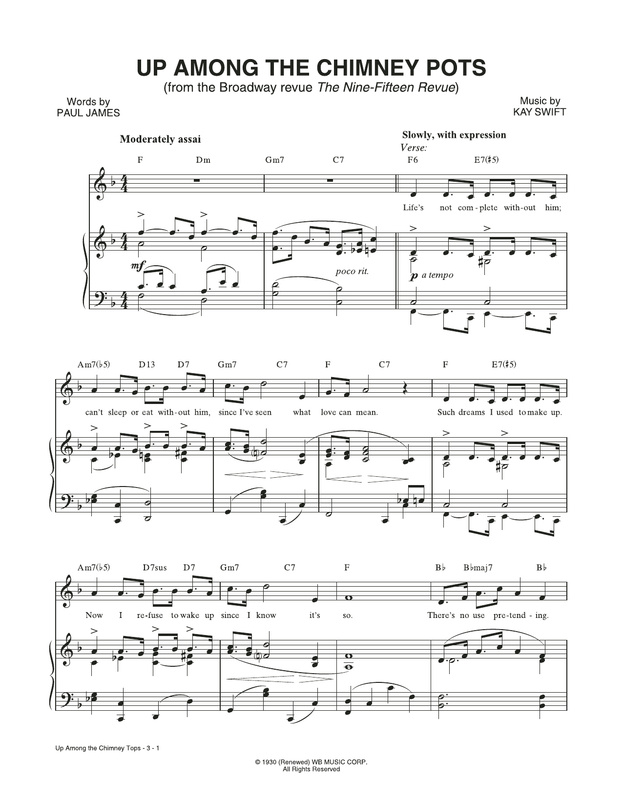 Download Kay Swift & Paul James Up Among The Chimney Pots (from The Nine-Fifteen Revue) Sheet Music and learn how to play Piano & Vocal PDF digital score in minutes