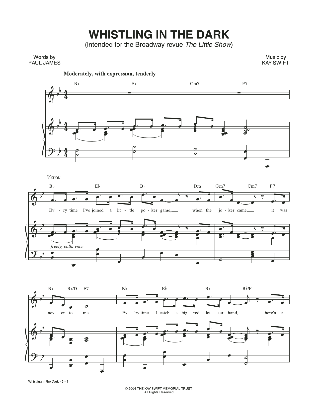 Download Kay Swift & Paul James Whistling In The Dark (from The Little Show) Sheet Music and learn how to play Piano & Vocal PDF digital score in minutes