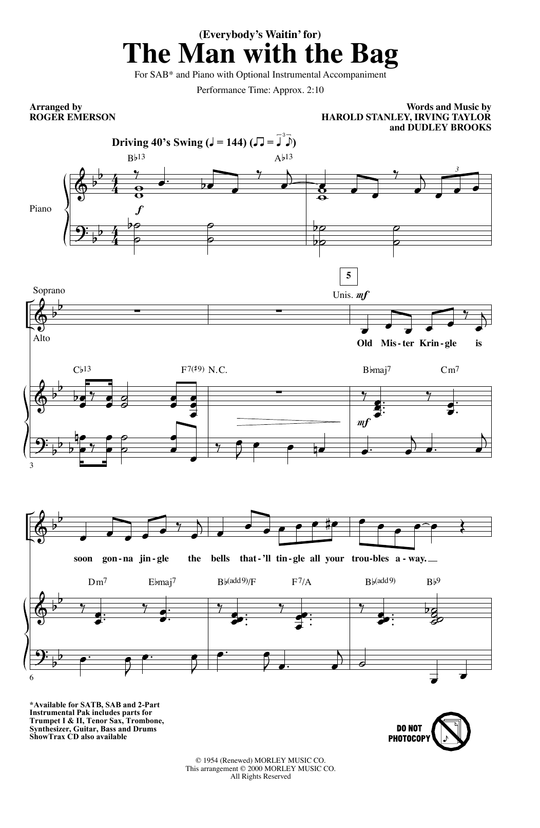 Download Kaye Starr (Everybody's Waitin' For) The Man With The Bag (arr. Roger Emerson) Sheet Music and learn how to play SAB Choir PDF digital score in minutes