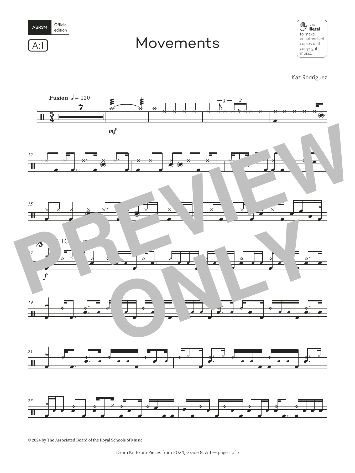Download Kaz Rodriguez Movements (Grade 8, list A1, from the ABRSM Drum Kit Syllabus 2024) Sheet Music and learn how to play Drums PDF digital score in minutes