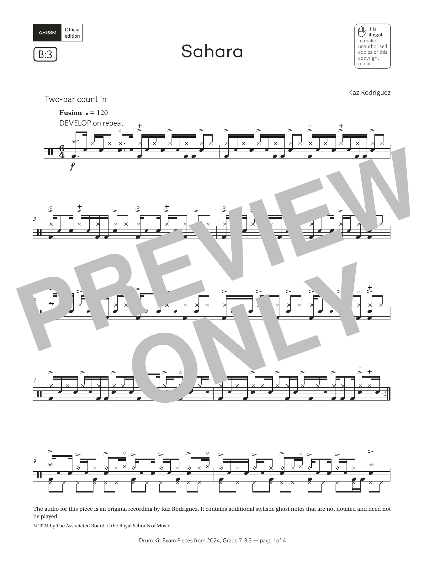 Download Kaz Rodriguez Sahara (Grade 7, list B3, from the ABRSM Drum Kit Syllabus 2024) Sheet Music and learn how to play Drums PDF digital score in minutes