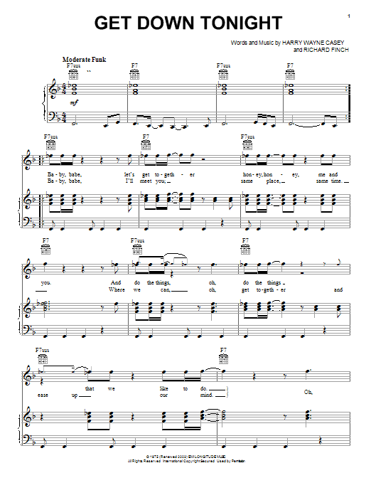 Download KC and The Sunshine Band Get Down Tonight Sheet Music and learn how to play Piano, Vocal & Guitar (Right-Hand Melody) PDF digital score in minutes