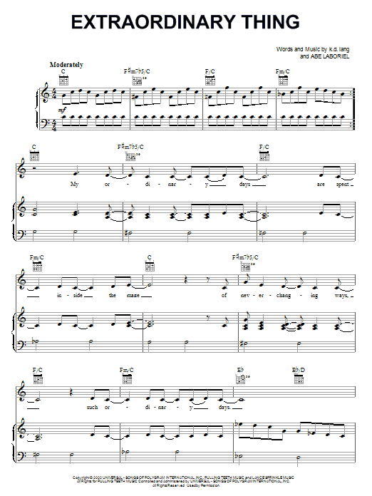 Download k.d. lang Extraordinary Thing Sheet Music and learn how to play Piano, Vocal & Guitar (Right-Hand Melody) PDF digital score in minutes