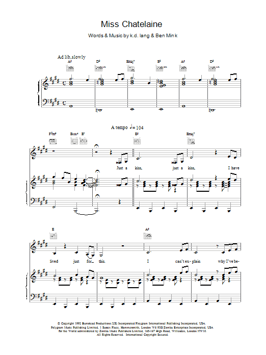 Download k.d. lang Miss Chatelaine Sheet Music and learn how to play Lyrics & Chords PDF digital score in minutes