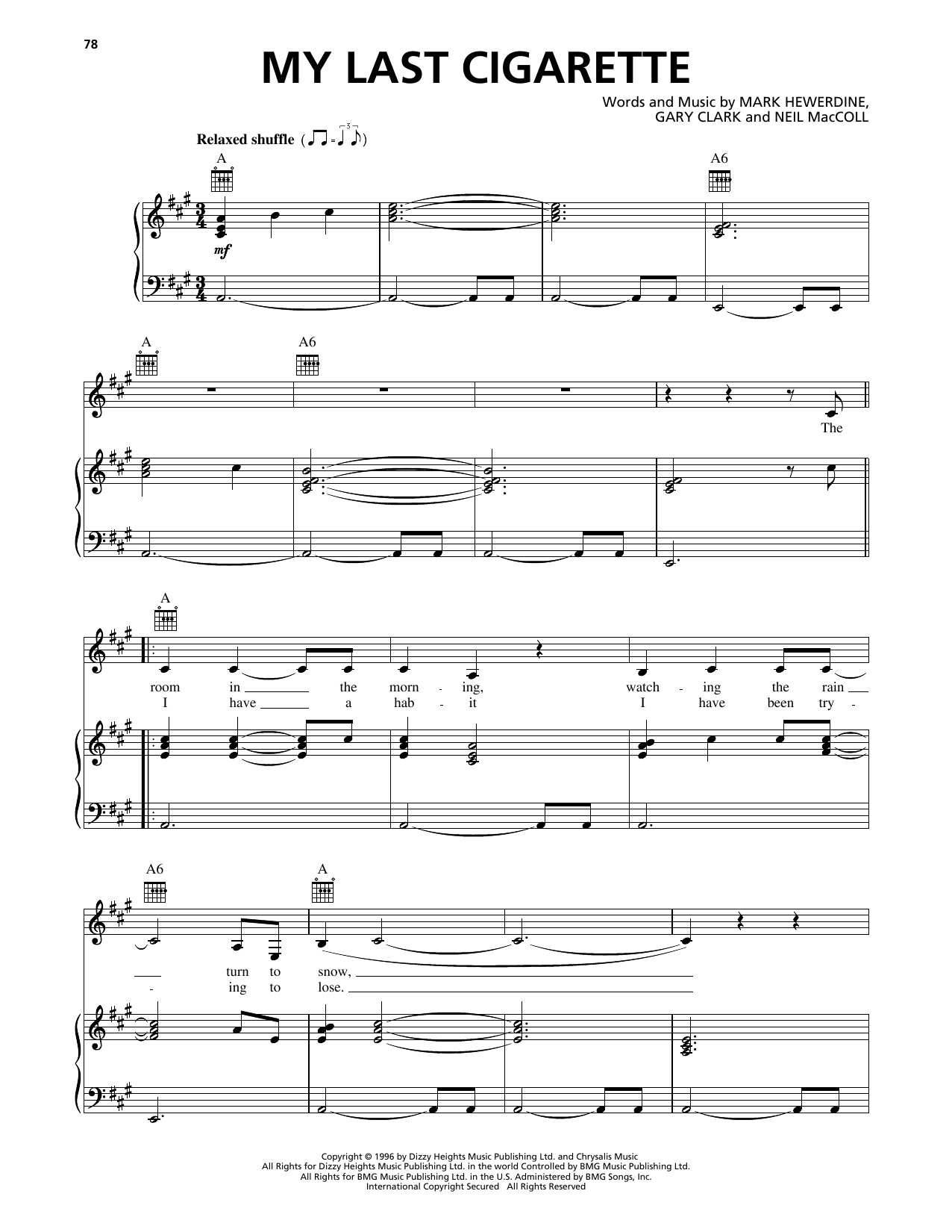 Download k.d. lang My Last Cigarette Sheet Music and learn how to play Piano, Vocal & Guitar Chords (Right-Hand Melody) PDF digital score in minutes