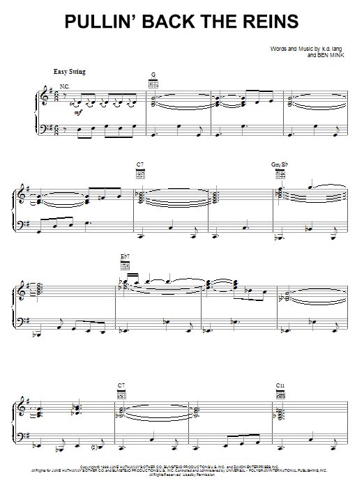 Download k.d. lang Pullin' Back The Reins Sheet Music and learn how to play Piano, Vocal & Guitar (Right-Hand Melody) PDF digital score in minutes