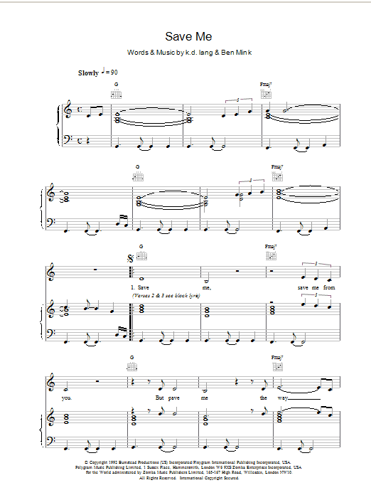 Download K.D. Lang Save Me Sheet Music and learn how to play Piano, Vocal & Guitar (Right-Hand Melody) PDF digital score in minutes